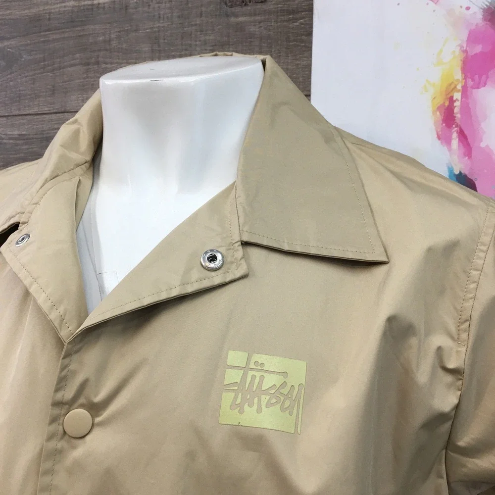 Stussy Mens Rain Long Coat Coach Jacket‎ Size L Snap Logo Lightweight Outerwear